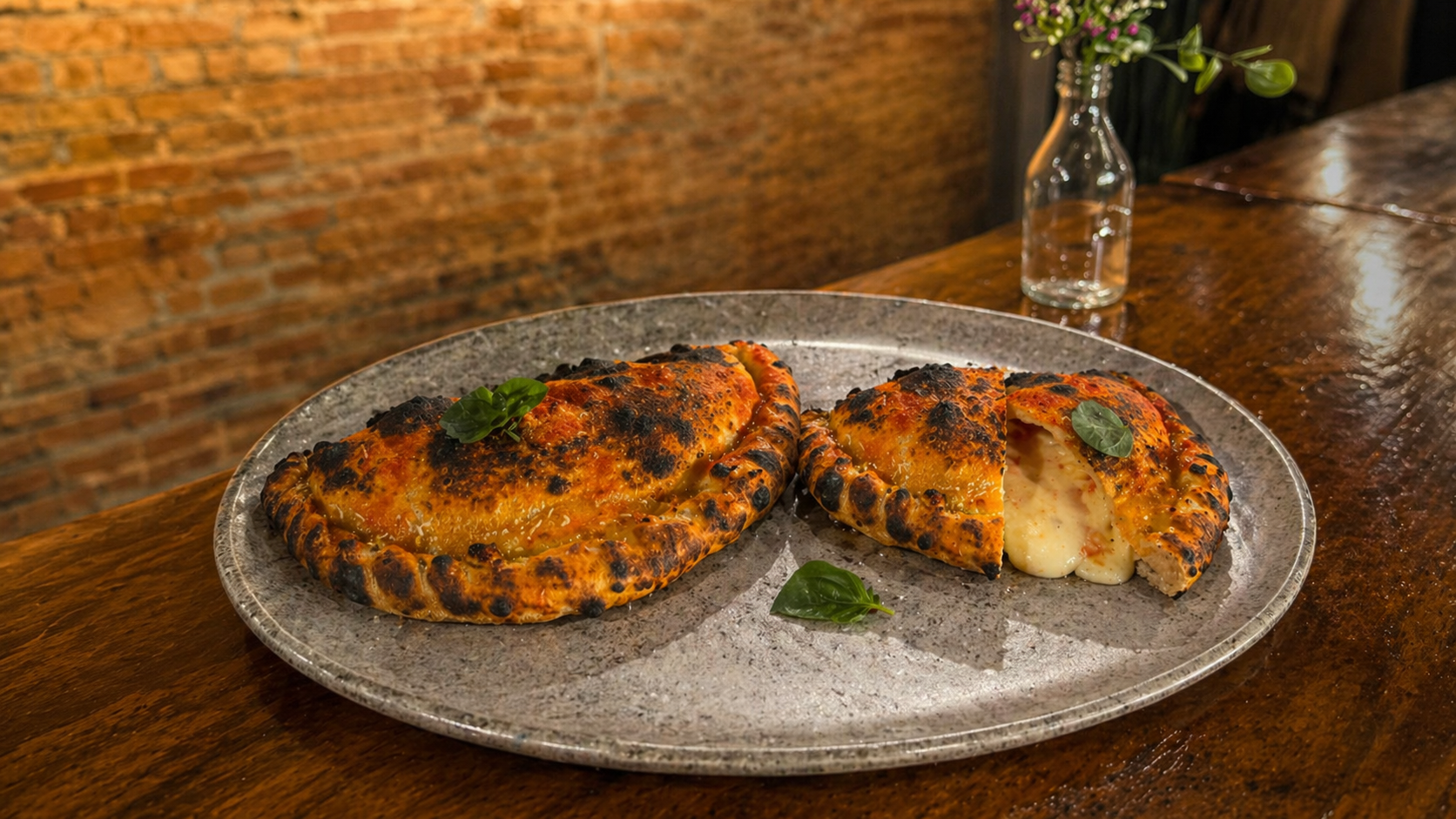 Calzone fechado e cortado mostrando o recheio